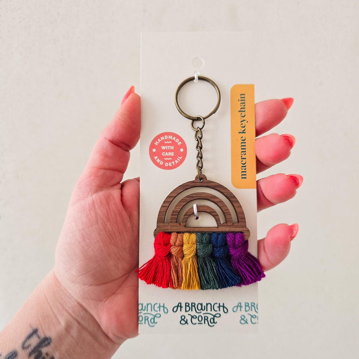 Macrame Wood Rainbow Keychain