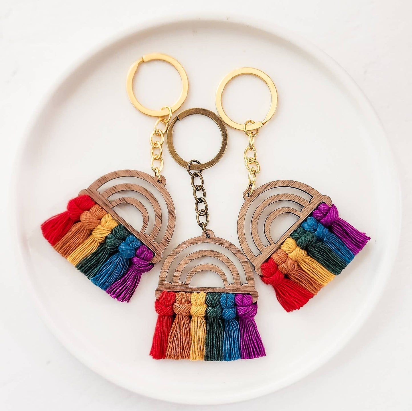 Macrame Wood Rainbow Keychain