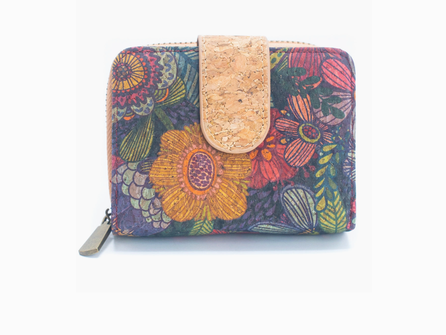 Natural Cork Printed Women's Short Card Wallet - Floral